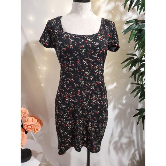 Vtg Justify Y2K Ditsy Dark Floral Ribbed Square Neck Bow Dress L Whimsigoth 90s - Picture 1 of 14